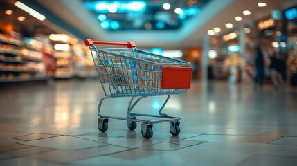 A supermarket aisle features a shopping cart with blurred shelves in the background and a visible tiled floor