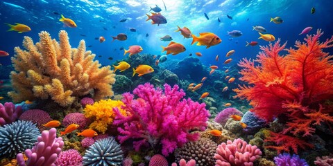 Fototapeta na wymiar Vibrant Reef Ecosystem with Colorful Corals and Diverse Fish Species Thriving in a Sunlit Underwater Paradise