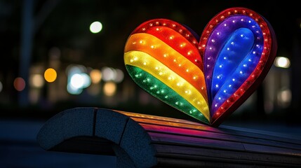 A colorful illuminated heart design resting on a wooden bench