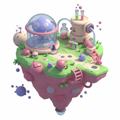 Floating Island with Cartoon Characters and Science Lab Rendering