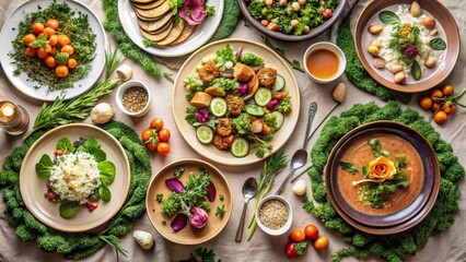 A Vibrant Table Setting Showcasing an Array of Exquisite Plant-Based Dishes, Carefully Arranged for an Appealing Culinary Presentation