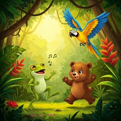 Obraz premium Singing Frog, Flying Parrot, and Curious Cub Skipping Through the Jungle on a Sunny Day