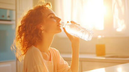 woman enjoys refreshing glass of water in sunlit kitchen, emphasizing health, hydration, and daily wellness. warm sunlight enhances serene and rejuvenating atmosphere