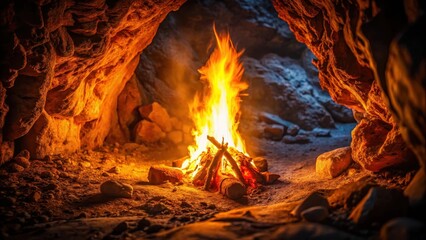 Obraz premium A blazing fire crackles in the darkness of a cave, illuminated only by flickering embers and smoke , ember, warmth, ember