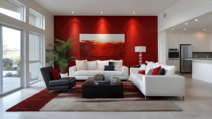 Modern living room with crimson accent wall and cream furnishings. Minimalist elegance in a warm, uncluttered space.