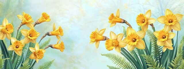 Obraz premium Luxury Yellow Daffodil & Fern Border with Golden Sunbursts on Blue