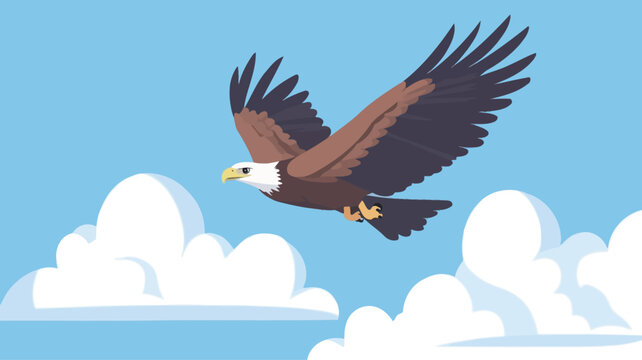 This vector illustration depicts a bald eagle soaring in a blue sky. The eagle's feathers are detailed and feature rich shades of brown and white.
