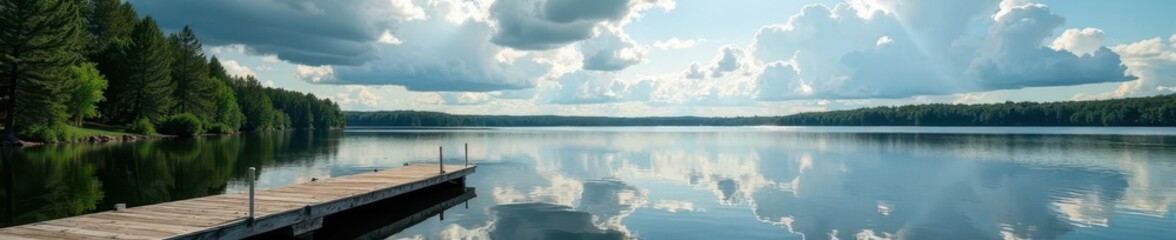 Obraz premium Elevated dock, pristine lake, stunning cloudscape, northern Minnesota , clear, northwoods