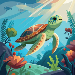 A serene sea turtle glides gracefully through sunlit waters, surrounded by a tranquil underwater landscape.