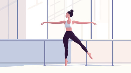 Fototapeta premium A stylized vector illustration of a young ballerina in a dance studio. She is gracefully posing in a 