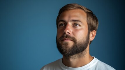 Obraz premium A young man with brown hair and a short beard is depicted in profile against a light blue background