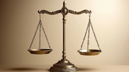 Elegant antique balance scale with detailed base and chains on a plain beige background symbolizing justice fairness and equality in legal concepts
