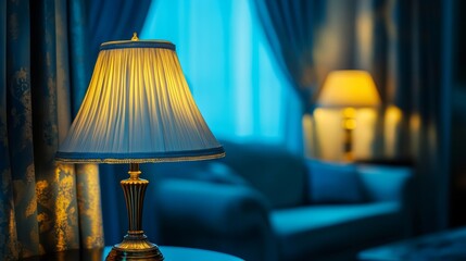 On a table in a cozy living room, a warmly lit lamp is situated, with a nearby couch and soft lighting visible
