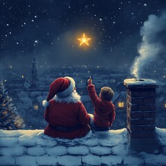 Santa Claus and Child Watching Christmas Star on Snowy Rooftop