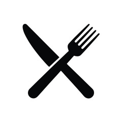 Crossed Black Fork and Knife Icon, Utensils Symbol on Transparent Background