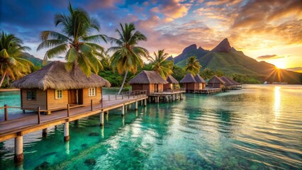 Obraz premium Serene Tropical Sunset Over Water Bungalows with Lush Palm Trees and Calm Ocean