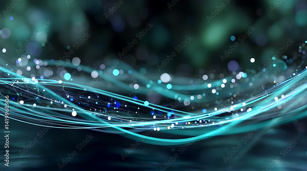 Poster abstract data flow with cyan lines and bokeh effect representation innovation convergence network