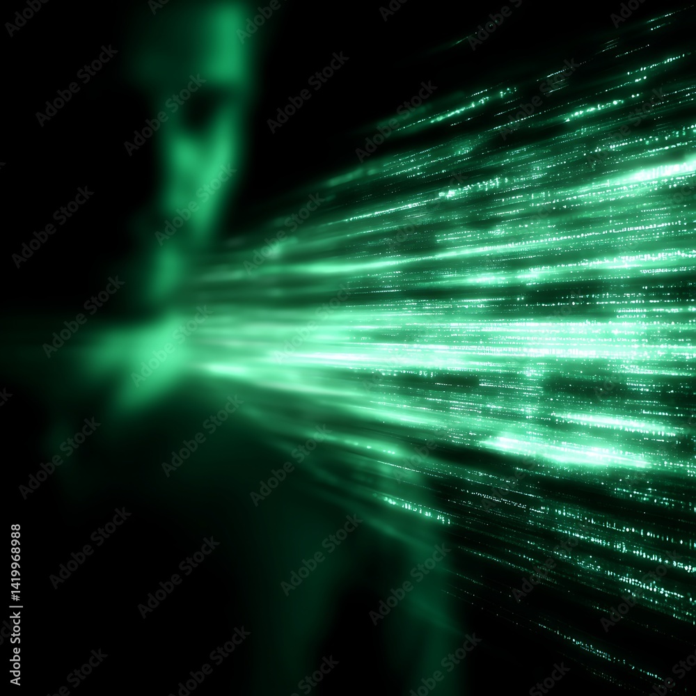 Poster abstract data stream flowing with figure in dark tech background visualization artistic depiction.