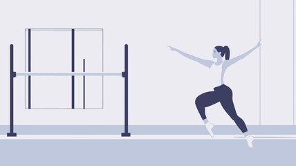This stylized vector illustration depicts a young woman, presumably a ballerina, in a dance studio. The color scheme is minimal, using mostly white, light grey, and shadows.