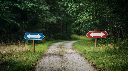 Forest Path With Blue And Red Directional Signs