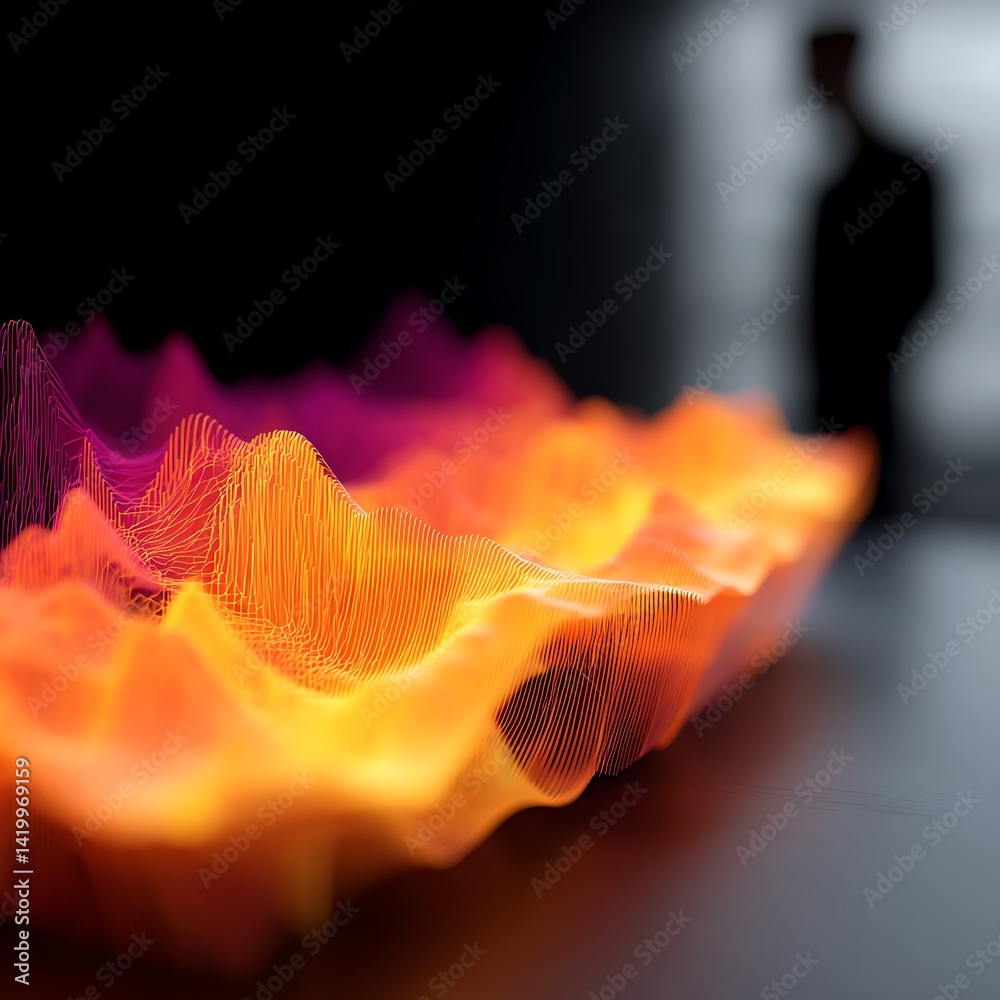 Poster abstract data visualization glowing wireframe terrain with figure in background at digital exhibitio