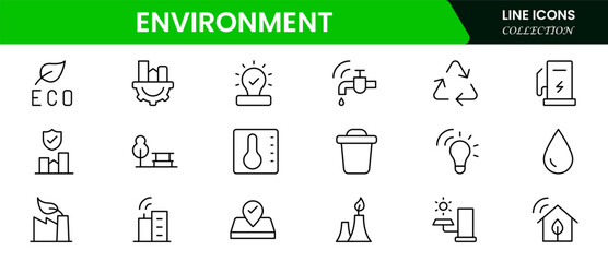 Ecology and Environment Related Vector Line Icons. Contains such Icons as Electric Car, Global Warming, Forest, Recycle, Nuclear power, Pollution.