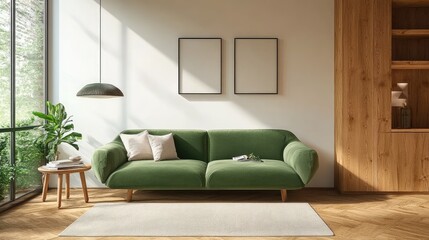 Minimalist Living Room with Green Sofas and Wood Cabinets - Web Banner