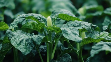 Green leafy plant with a budding flower in a garden