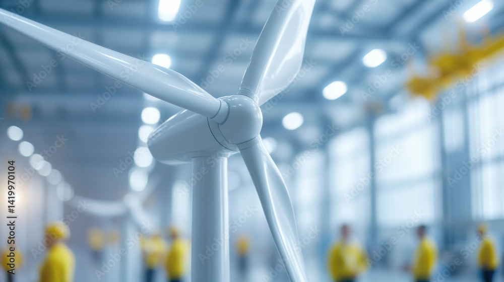 Poster close up of white wind turbine in modern factory, symbolizing sustainable energy production. workers