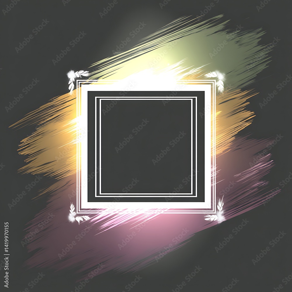Poster abstract expression with square frame design and textured brush strokes on neutral backdrop.
