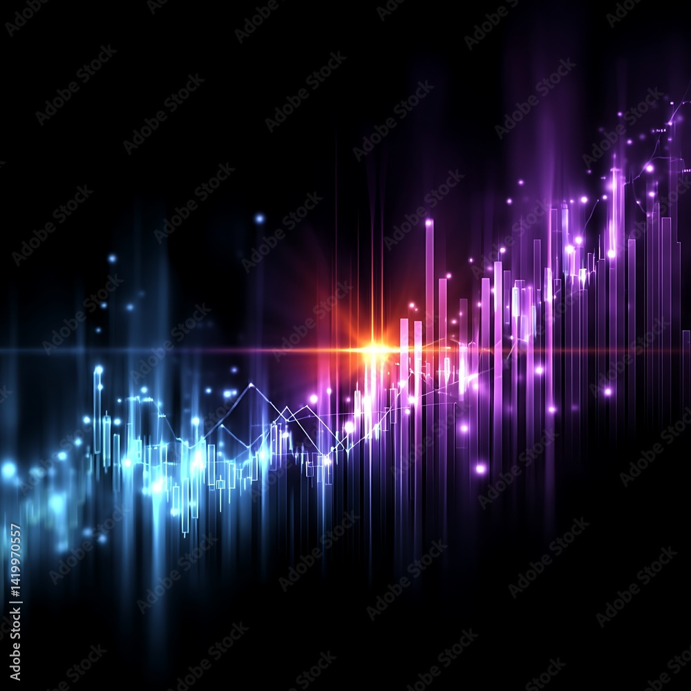 Poster abstract financial data visualization with glowing bars and connecting lines analysis.
