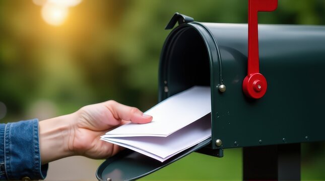 Hand placing letters in mailbox outdoors at sunset.