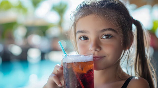 A young girl drinks Ice Cream Soda in a poolside restaurant