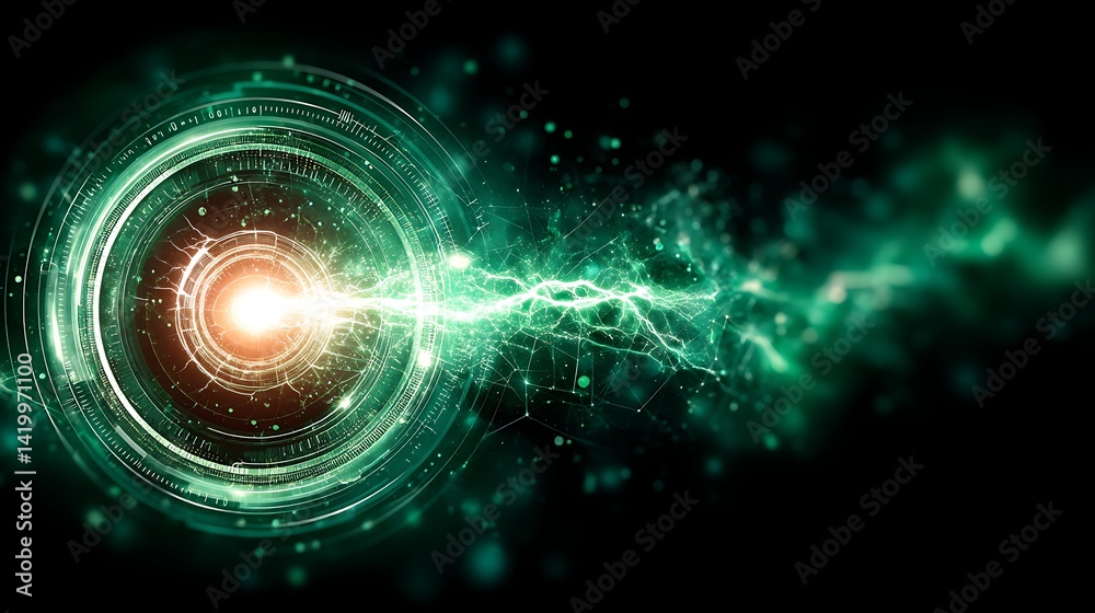 Wall mural abstract futuristic energy core with glowing plasma beam and complex technological circuitry.