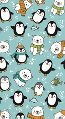 Cute Cartoon Penguins and Bears Pattern on Light Blue Background