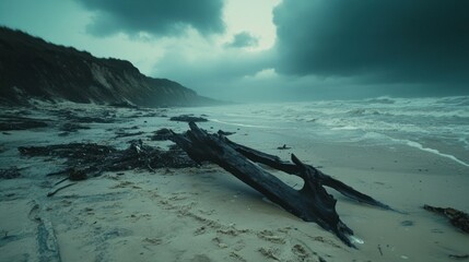 A moody beach scene showing driftwood and ominous storm clouds