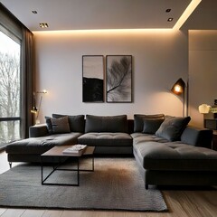 Sleek modern apartment with a charcoal gray sectional sofa, minimalist art, and soft ambient lighting