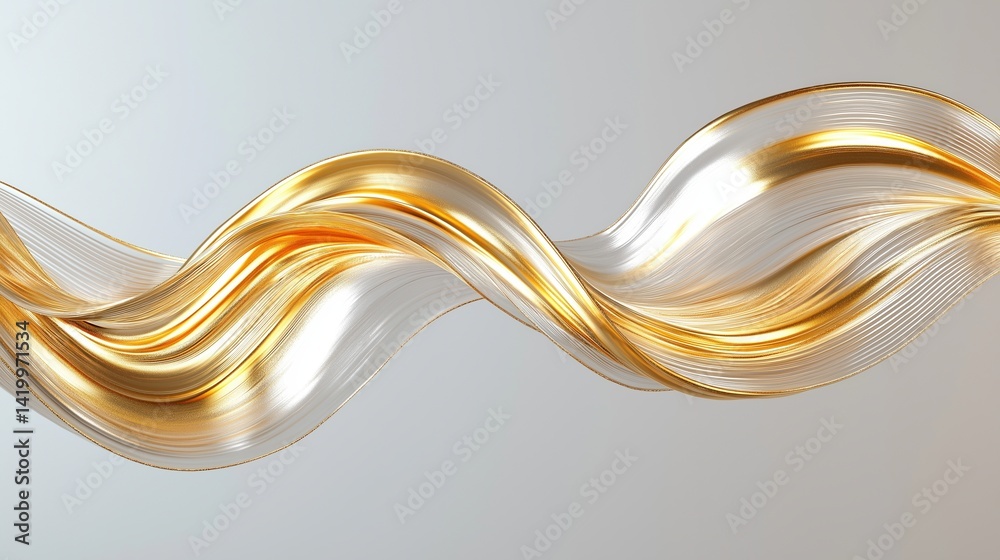 Poster Golden abstract brushstroke swirl floating on light background with smooth flowing texture and elegant metallic shine
