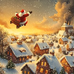 Santa Claus Flying Over Snowy Village at Sunset