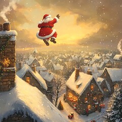Santa Claus Flying Over Snowy Village at Sunset