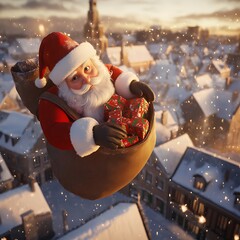 Santa Claus Flying Over Snowy Village at Sunset