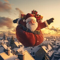 Santa Claus Flying Over Snowy Village at Sunset