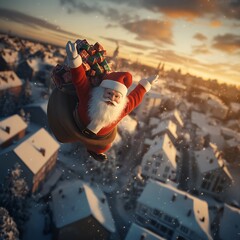 Santa Claus Flying Over Snowy Village at Sunset