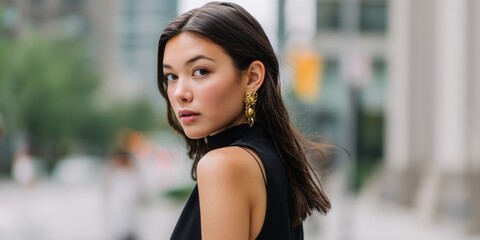 Stylish woman looks back over shoulder on a city street in blurred background