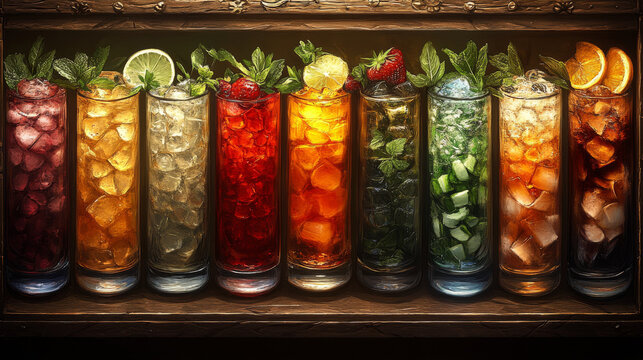 A curated collection of cocktails displayed on a dark surface--ideal for classic bar menu concepts