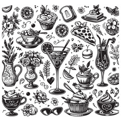 Set of hand drawn whimsical illustrations of food and drinks. Doodle drawings of italian and french 
food, cocktails, flowers and decor.