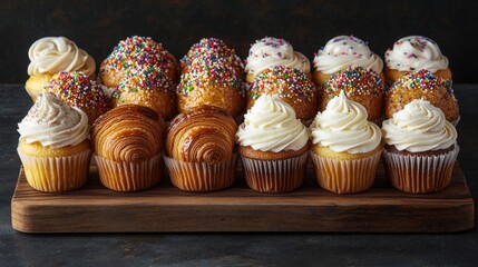 The surface of a wooden cutting board is adorned with a selection of pastries, including croissants and muffins