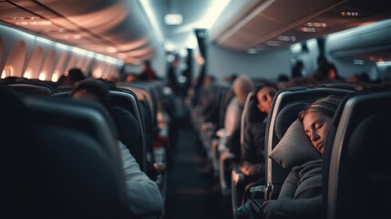 A plane is filled with people sleeping