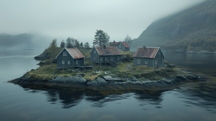 An island with an eerie abandoned village, its wooden houses rotting away in silence.