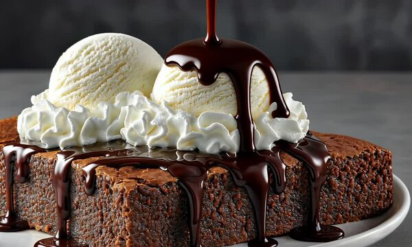 A warm brownie topped with creamy ice cream, whipped cream, and drizzled in rich chocolate sauce on a white plate